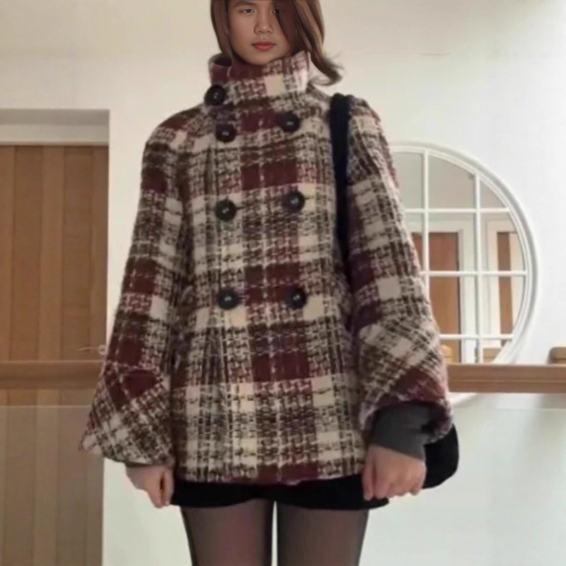Wool Coat Peacoat - Cappotto Caldo a Quadri con Collo